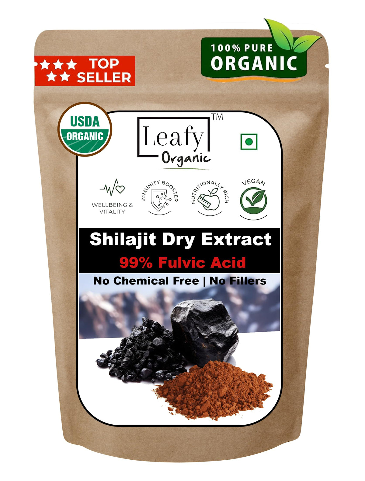 Leafy Organic Shilajit powder in a jar, full-spectrum extract for daily vitality and energy support.