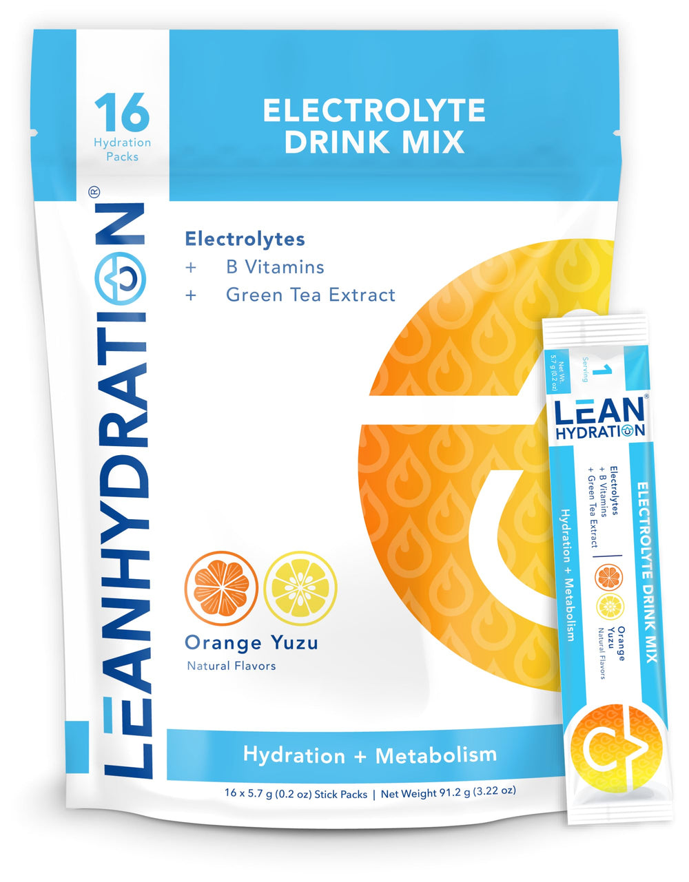 LEAN Hydration orange yuzu electrolyte packet dissolving in water for quick hydration