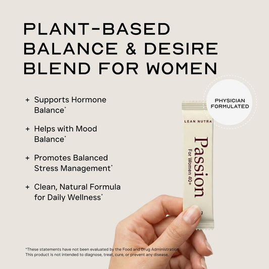Lean Nutra Passion bottle closeup highlights maca and ashwagandha for balance.