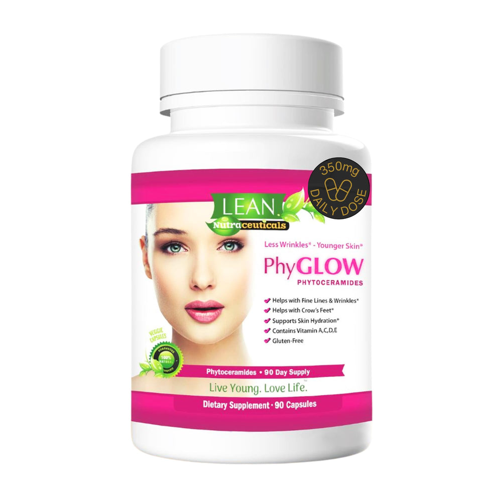 LEAN Nutraceuticals bottle front shows hydration-focused skincare with Phytoceramides.