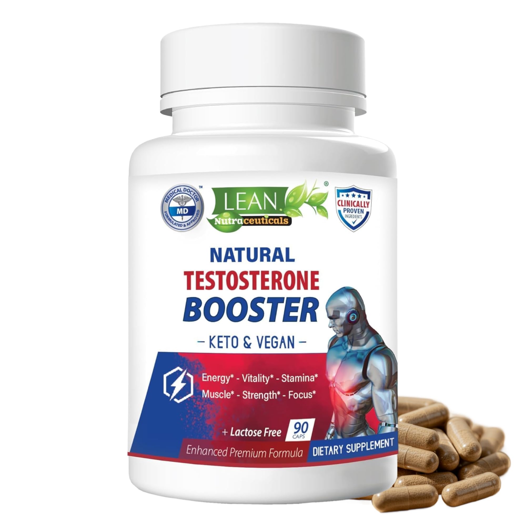 LEAN Nutraceuticals testosterone libido bottle shows capsules for daily energy and focus.