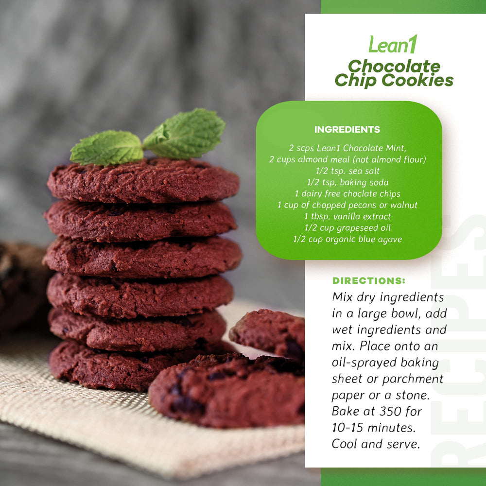 LEAN1 Chocolate Mint ingredients panel highlighting protein and fiber sources