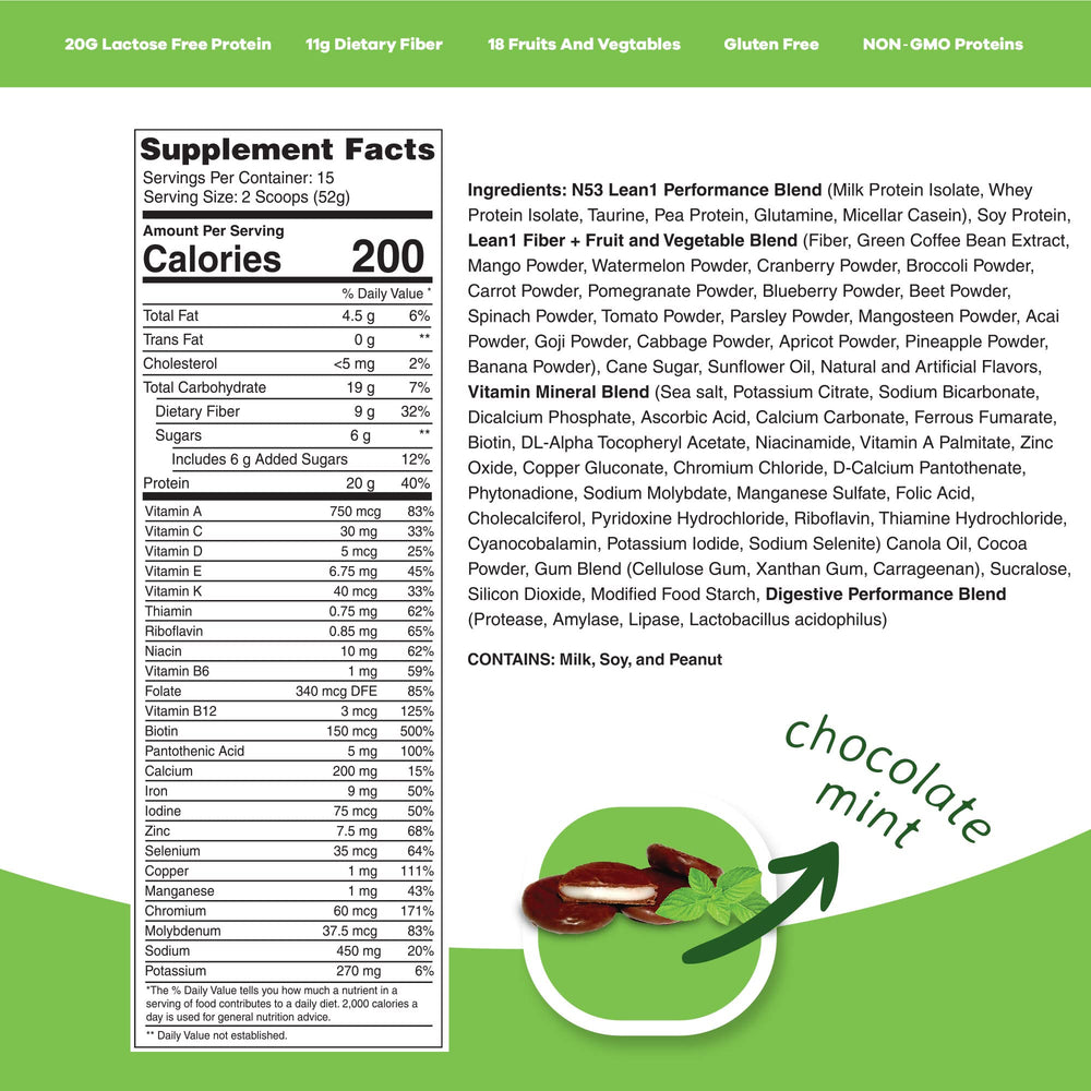 LEAN1 Chocolate Mint powder scoop ready for quick shake and nourishment