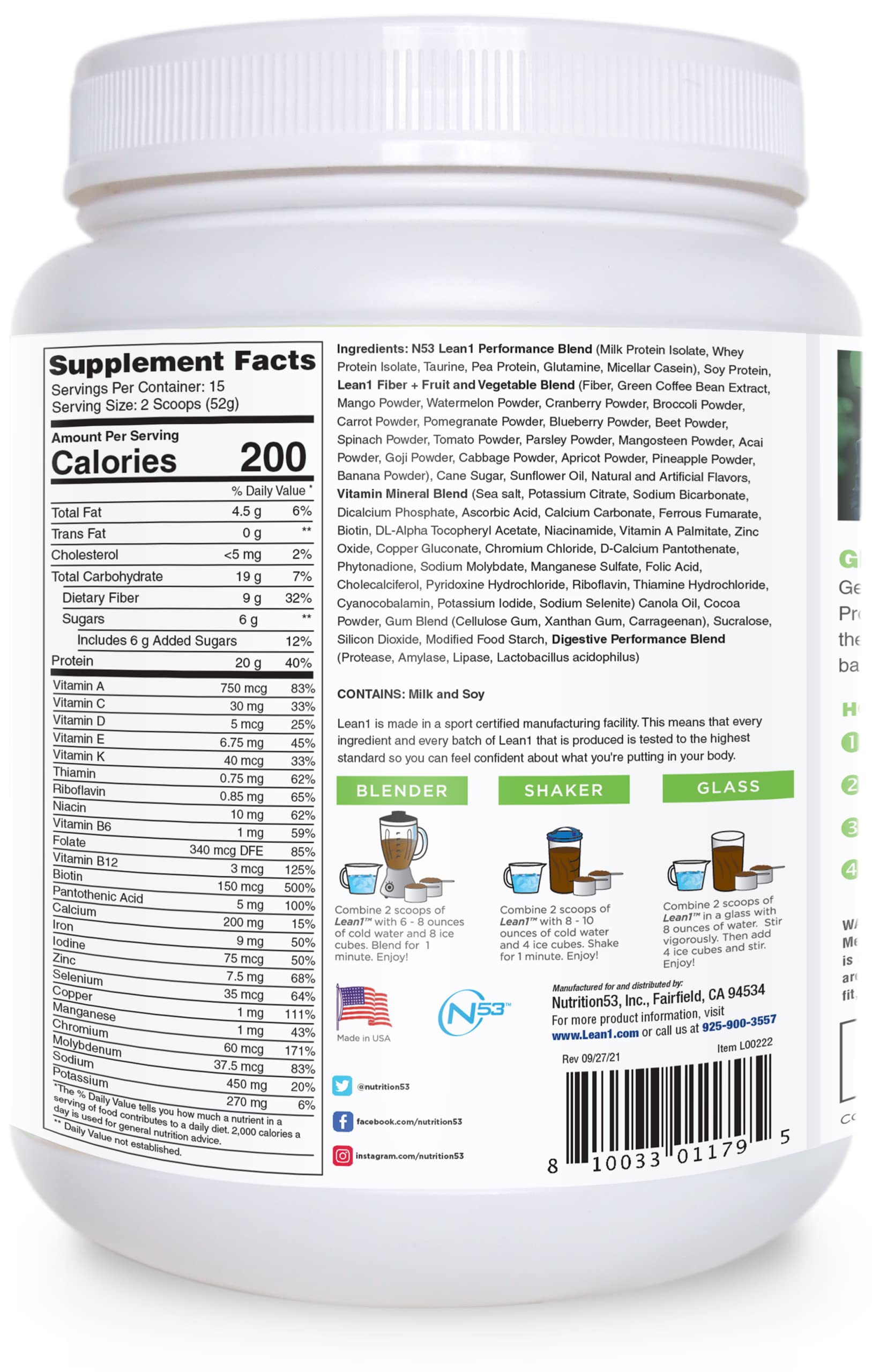 LEAN1 Chocolate Mint tub back with nutrition label for balanced daily fueling information