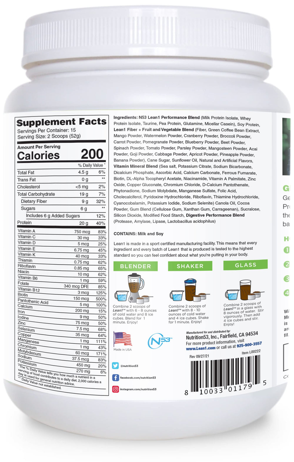LEAN1 Chocolate Mint tub back with nutrition label for balanced daily fueling information