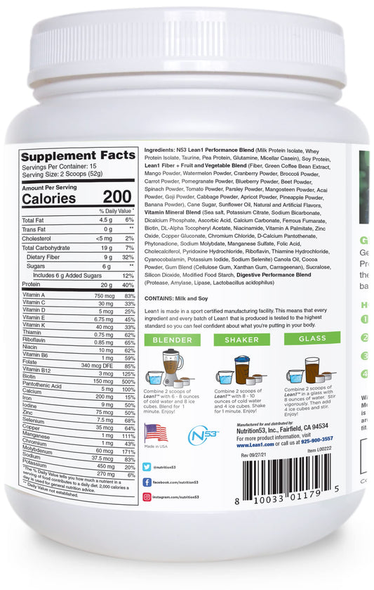 LEAN1 Chocolate Mint tub back with nutrition label for balanced daily fueling information