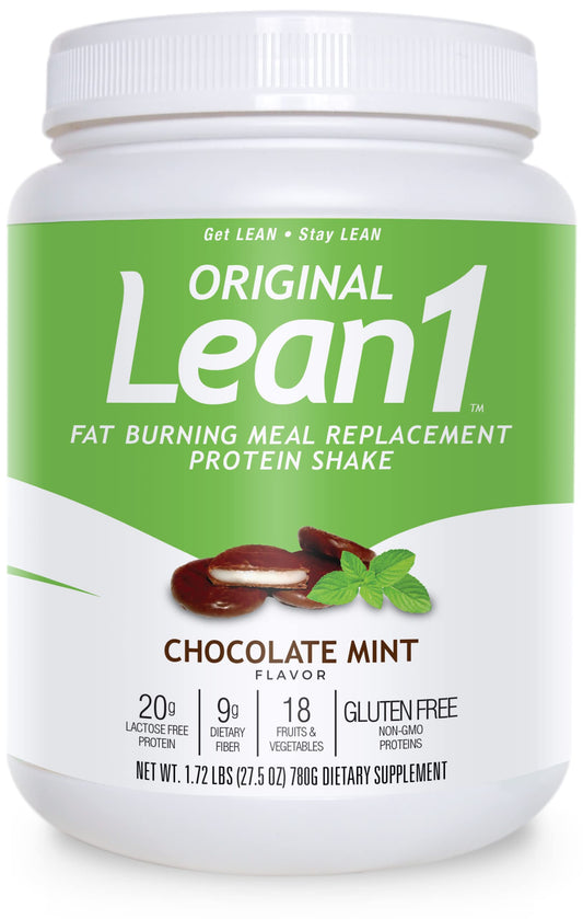 LEAN1 Chocolate Mint tub front view highlighting packaging and branding for convenient meal replacement
