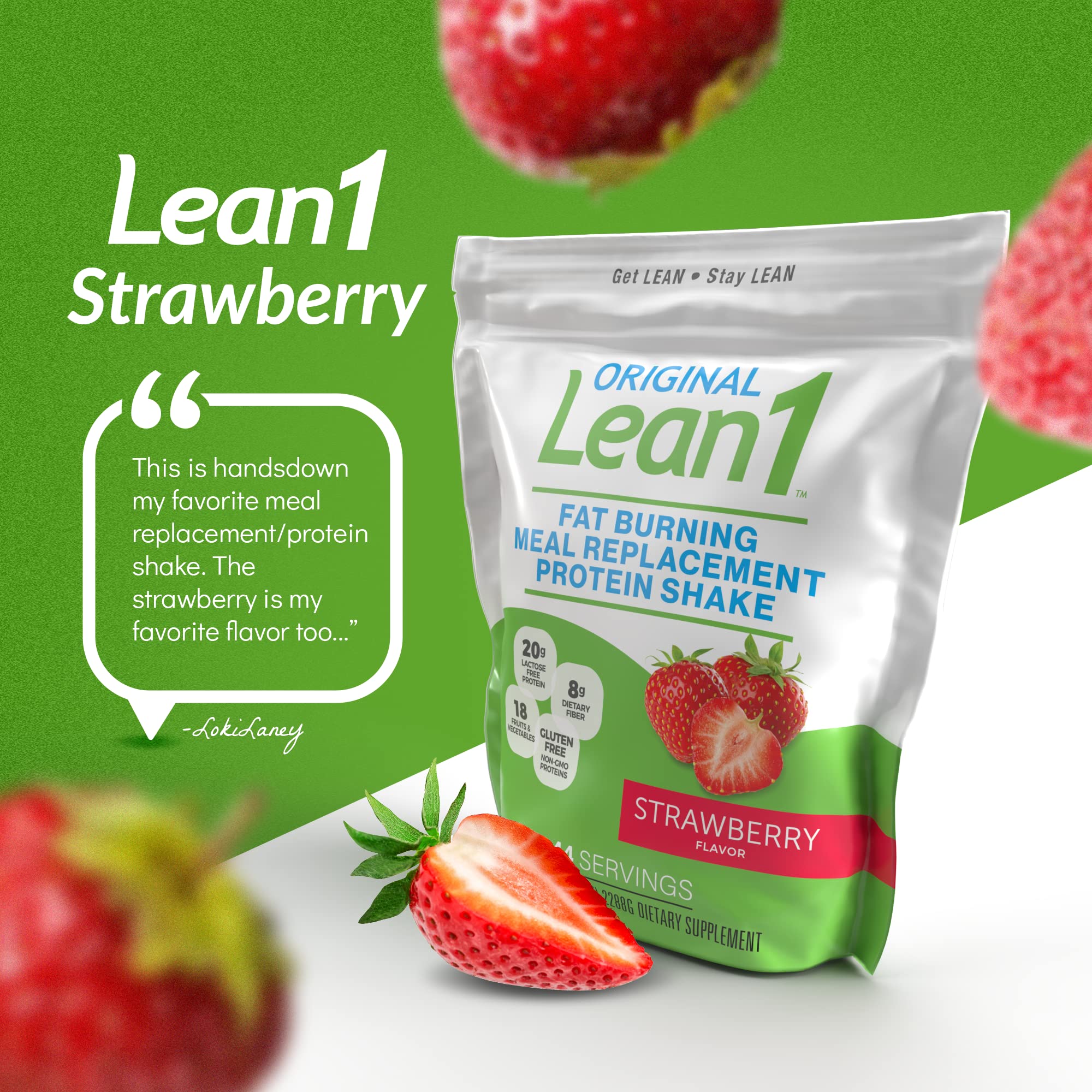 Lean1 gluten-free non-GMO badge on strawberry shake pouch
