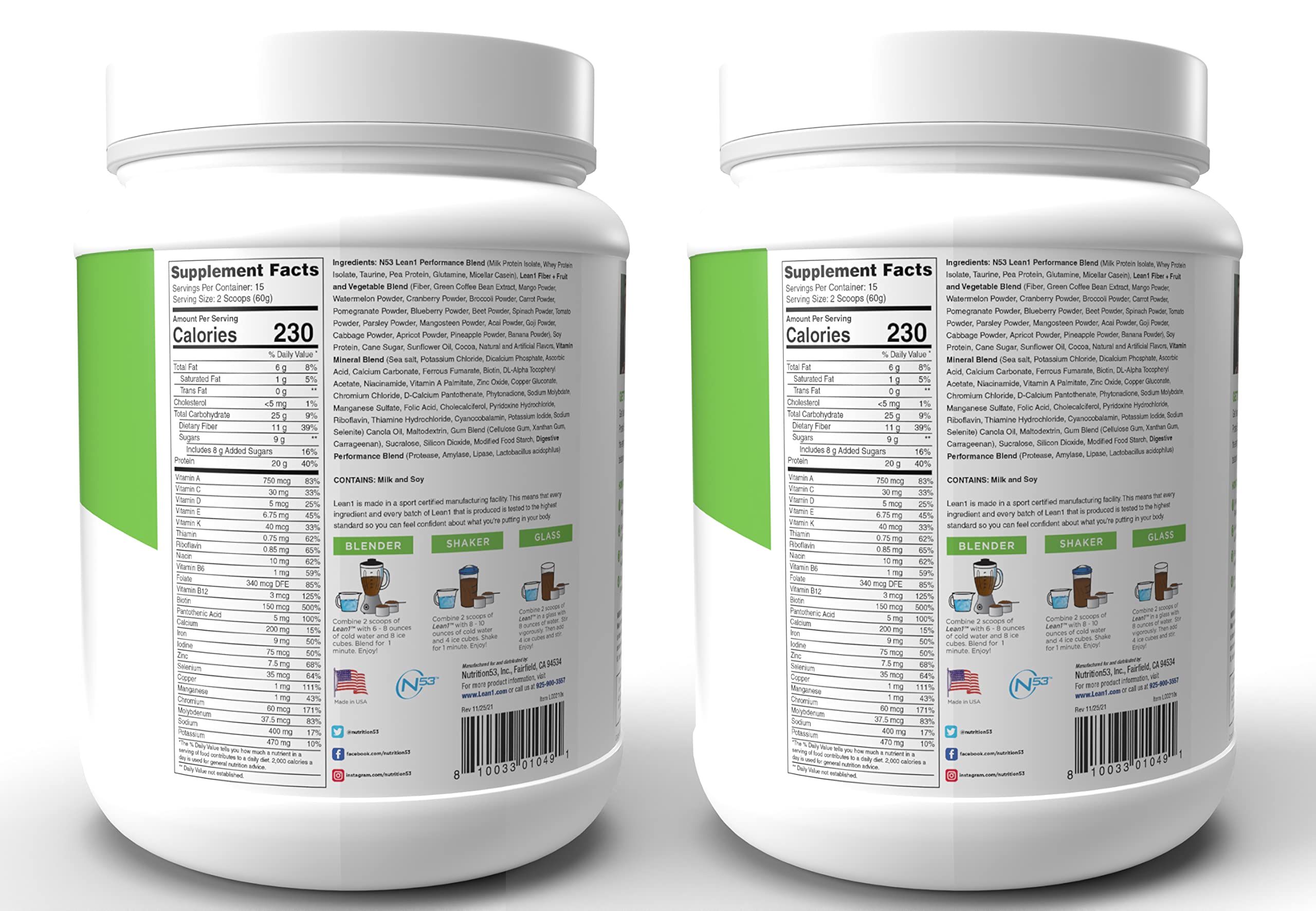 Lean1 ingredients panel highlighting green coffee bean extract and organic greens