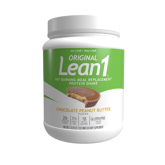 LEAN1 Meal Replacement Powder tub front highlighting a convenient all-in-one meal option.