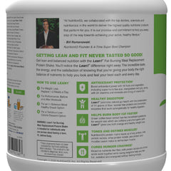 LEAN1 tub nutrition label close-up helps informed, on-the-go dietary choices.
