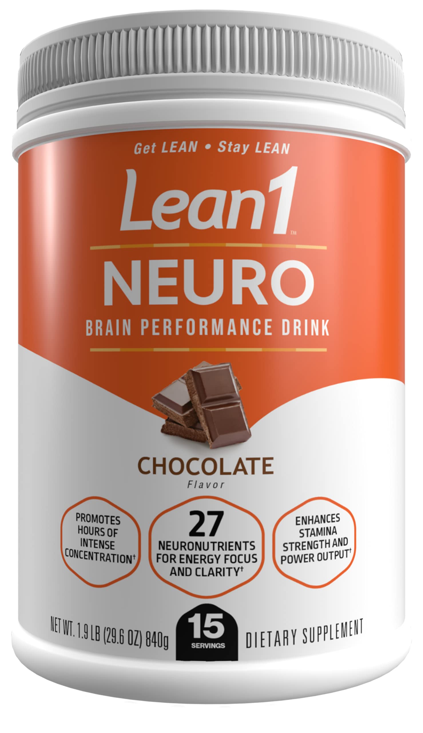 Lean1 Neuro Chocolate bottle front, premium brain-boost formula for focus