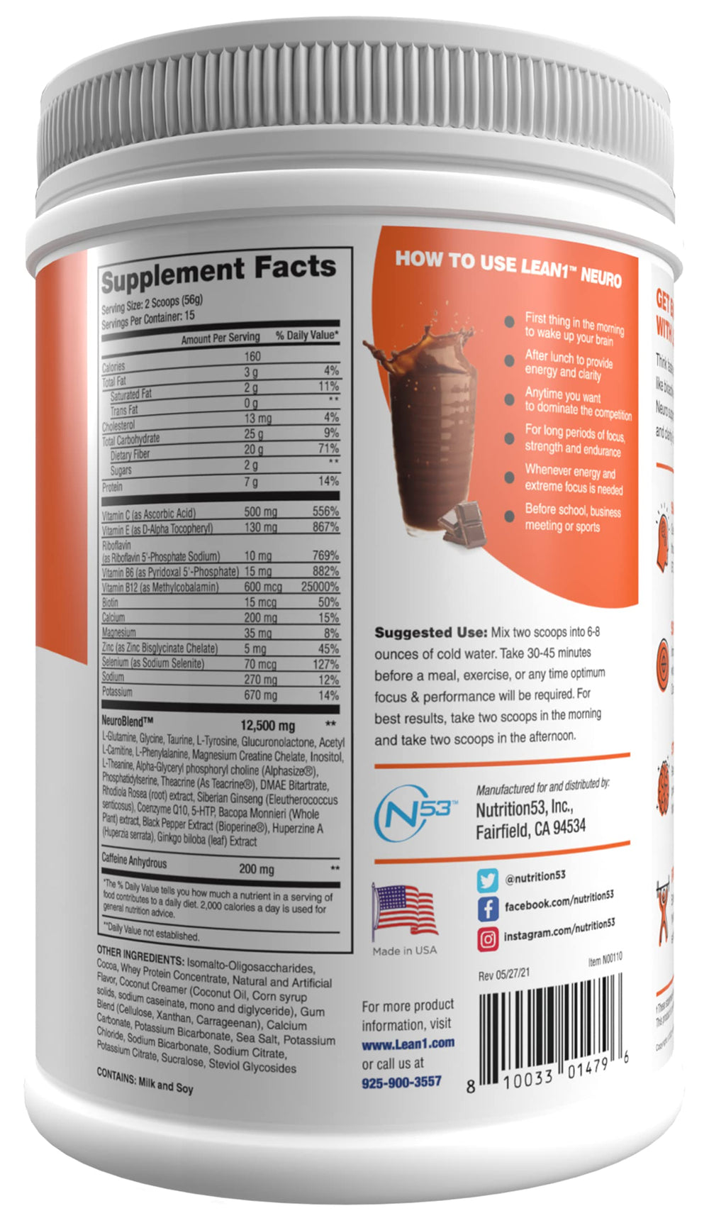 Lean1 Neuro Chocolate bottle side, ingredients and energy potential
