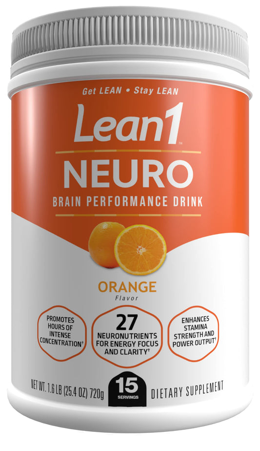 Lean1 Neuro orange tub displaying the label for daily focus and energy