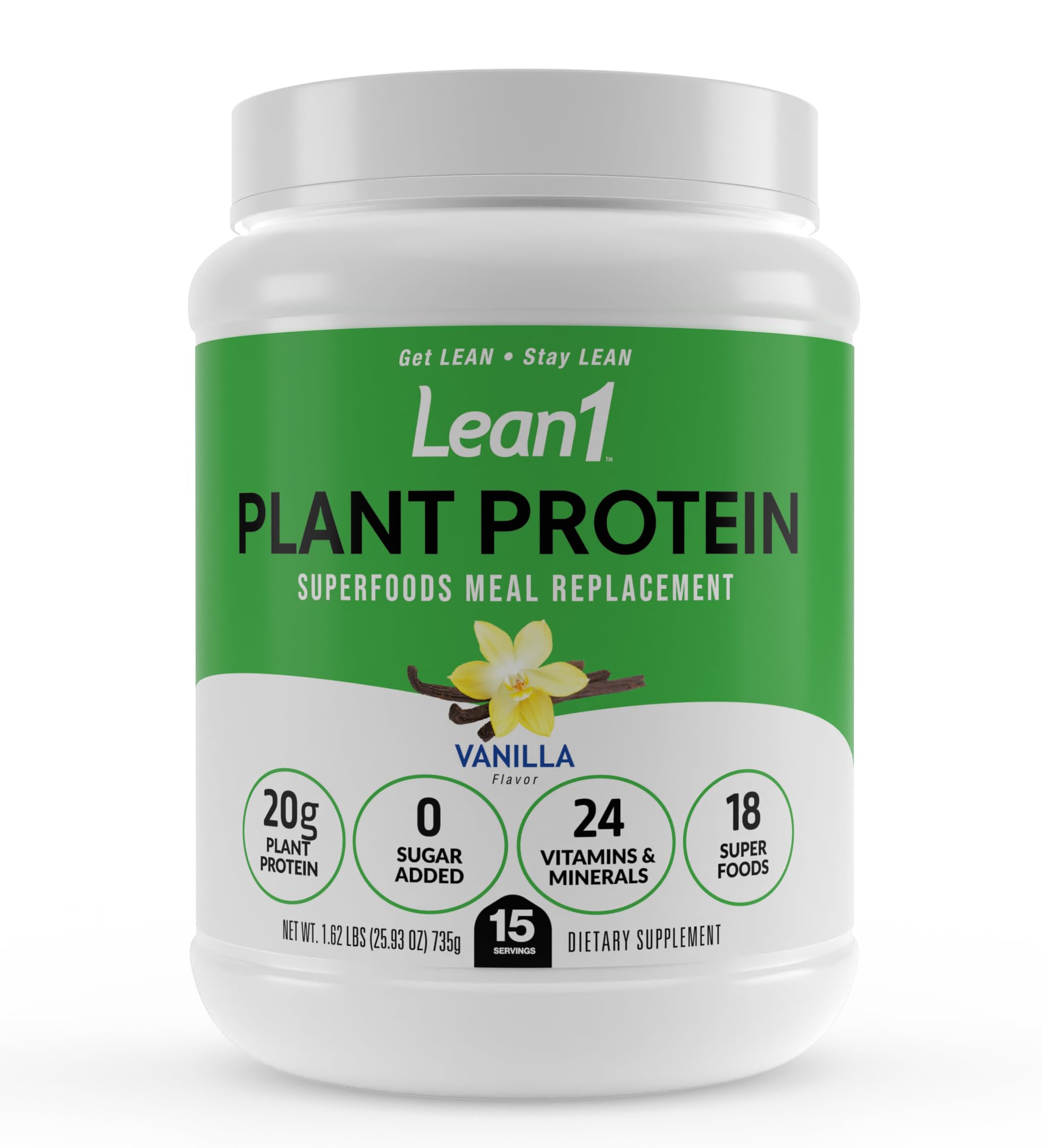 LEAN1 plant-based protein powder vanilla tub highlights creamy texture for meal replacement