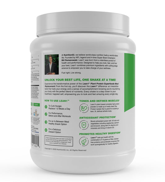 LEAN1 vanilla flavor meal-replacement shaker shows convenient on-the-go nutrition