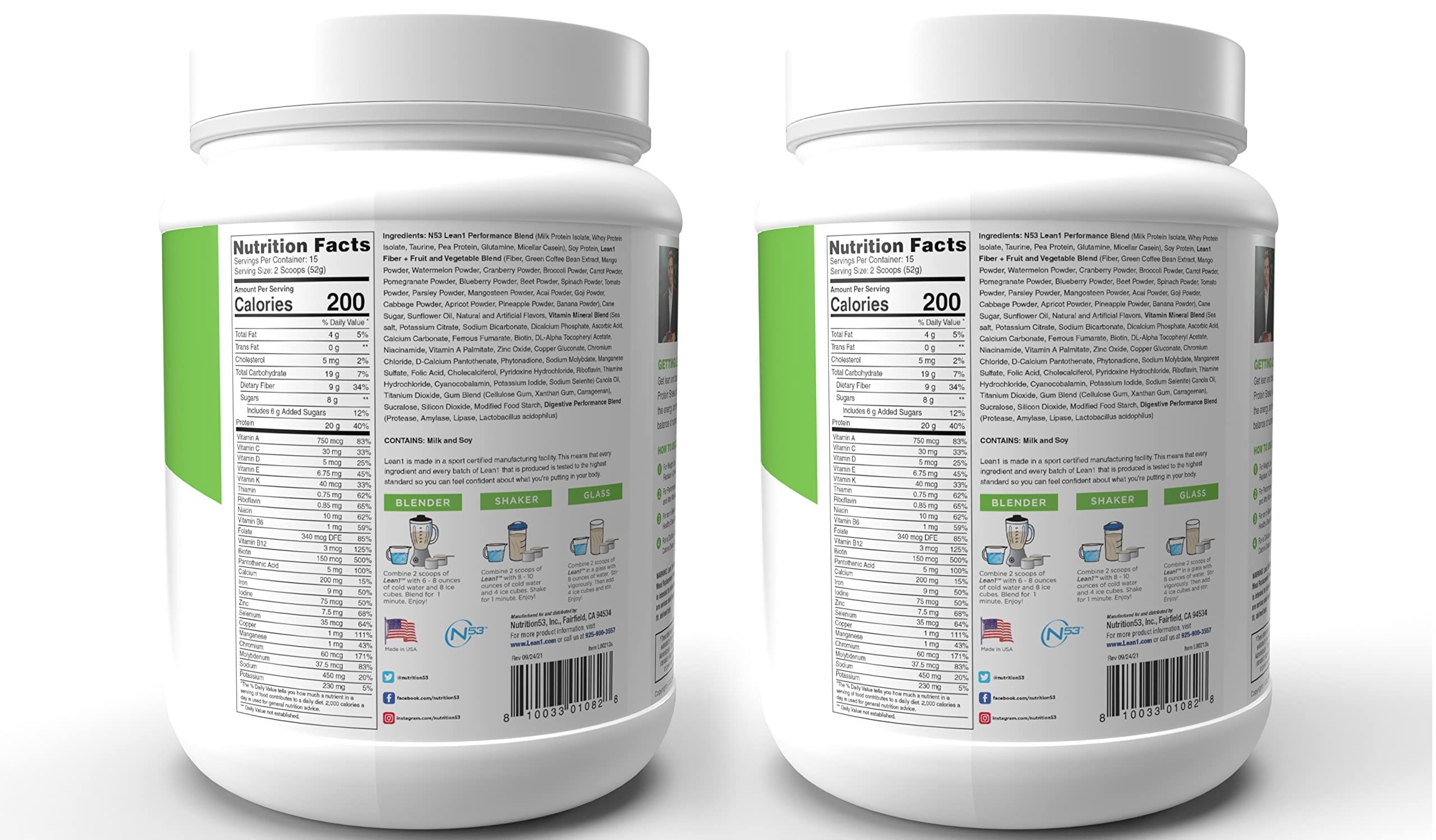 Lean1 vanilla ingredients list emphasizes organic fruits and vegetables and gluten-free benefits.