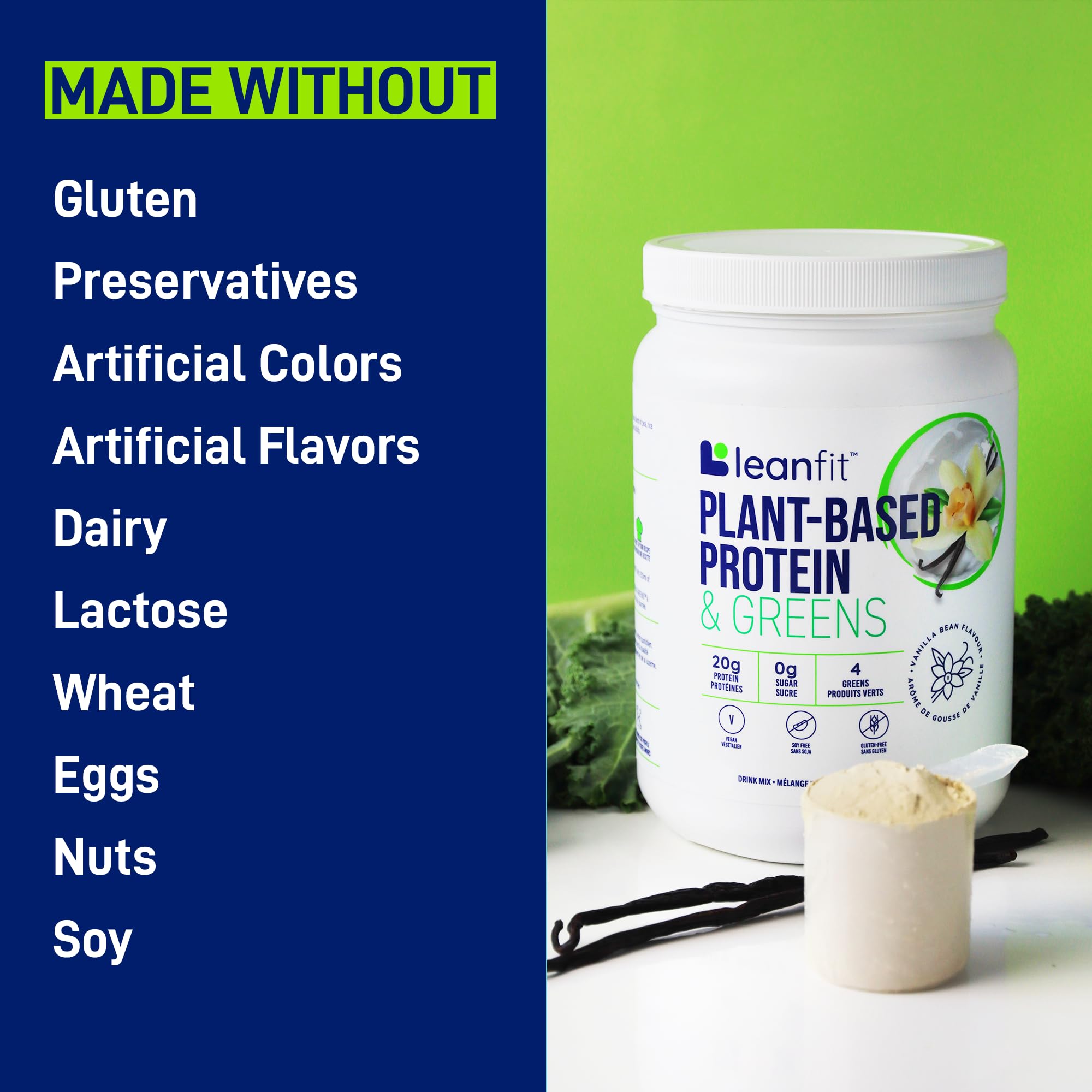 Clean-label LeanFit packaging highlighting vegan, gluten-free, non-GMO.