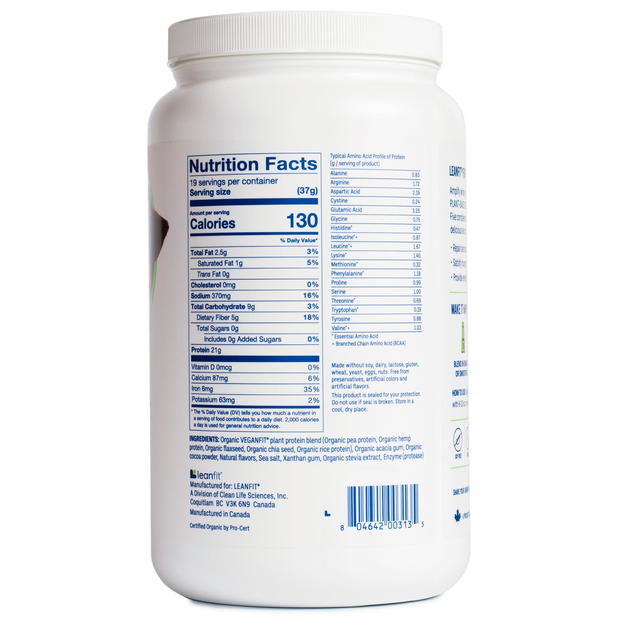 LeanFit organic protein tub and measuring scoop on counter invites daily use.