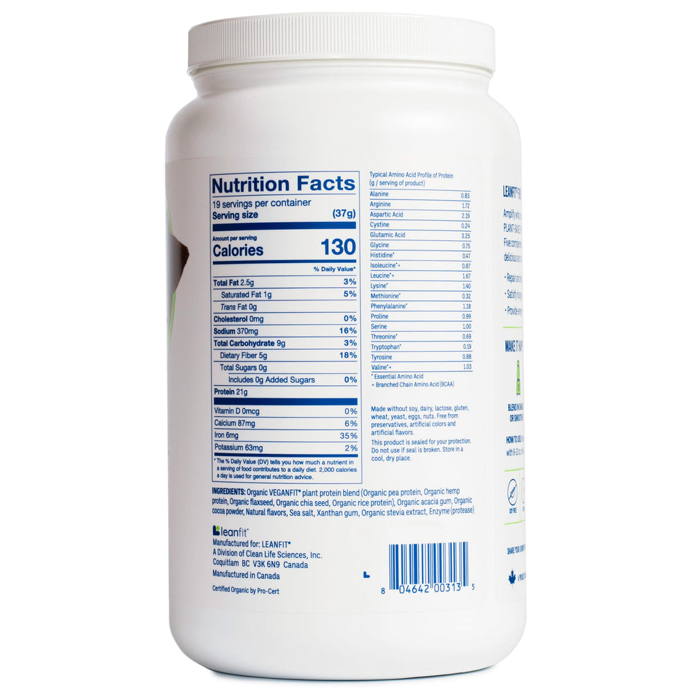LeanFit organic protein tub and measuring scoop on counter invites daily use.