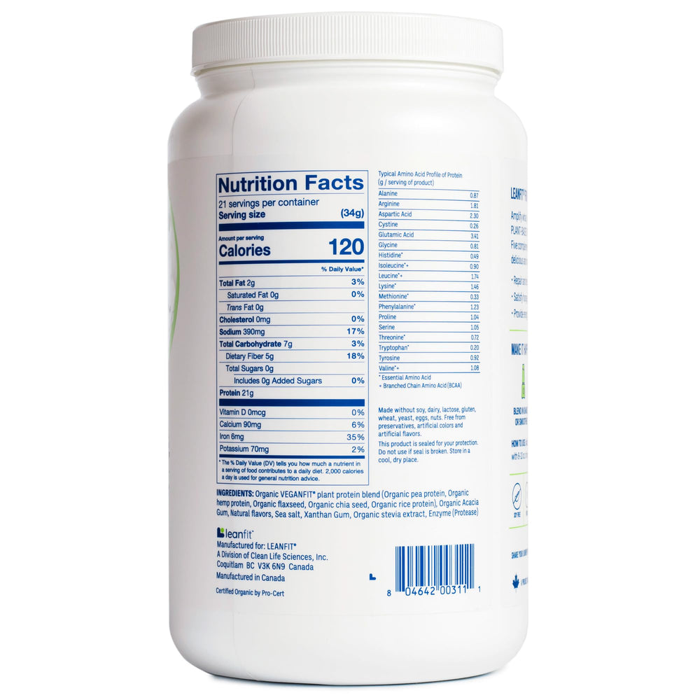 LeanFit vanilla powder packaging and label close-up.