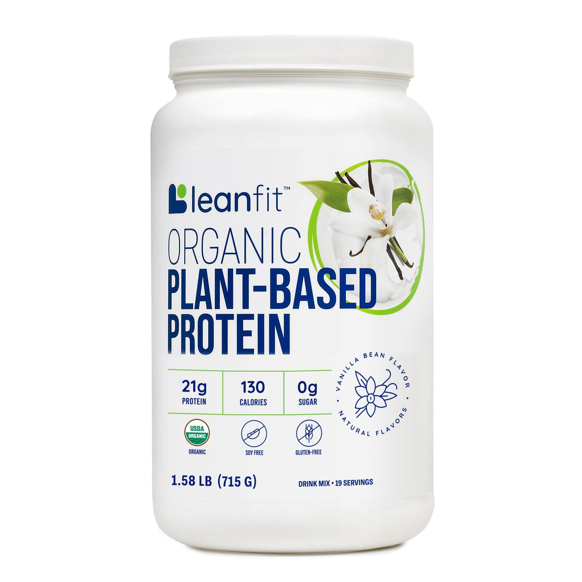 LeanFit vanilla protein powder tub front, vegan and organic.