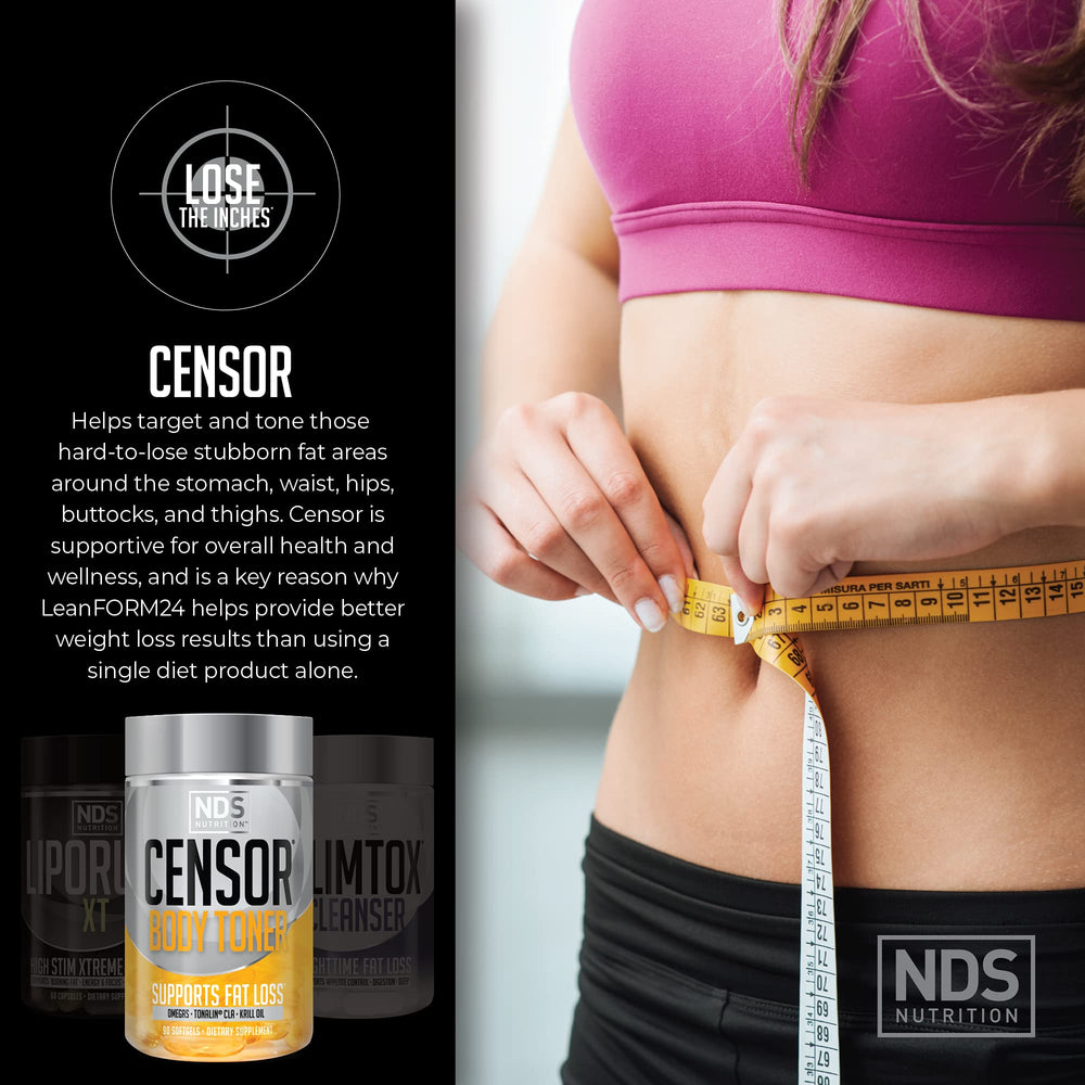 LeanForm24 CENSOR softgels label emphasizing CLA and EFAs for healthy hair, skin, and heart support.