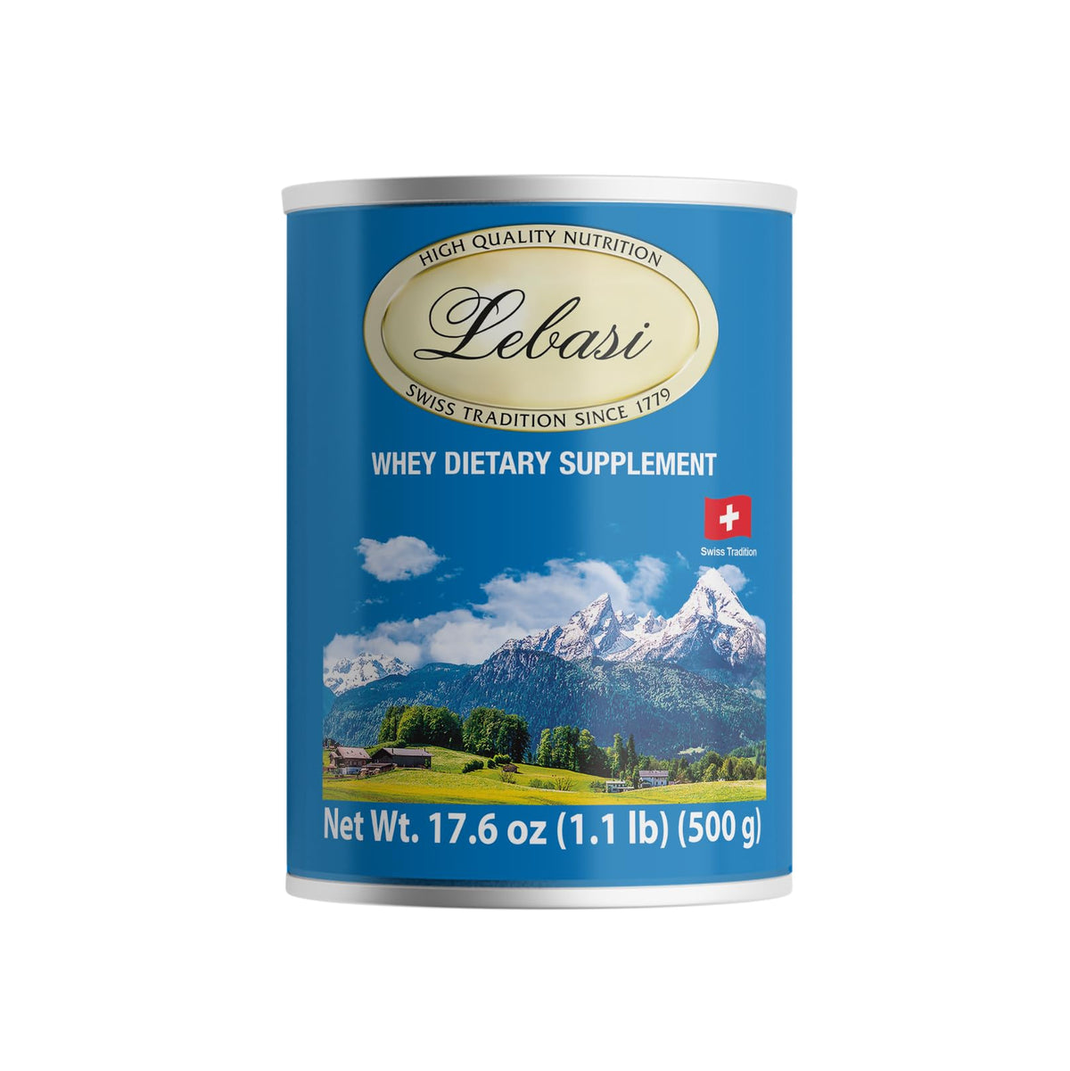 Lebasi Lactoserum 500g packaging highlights Swiss quality and purity for daily nutrition.