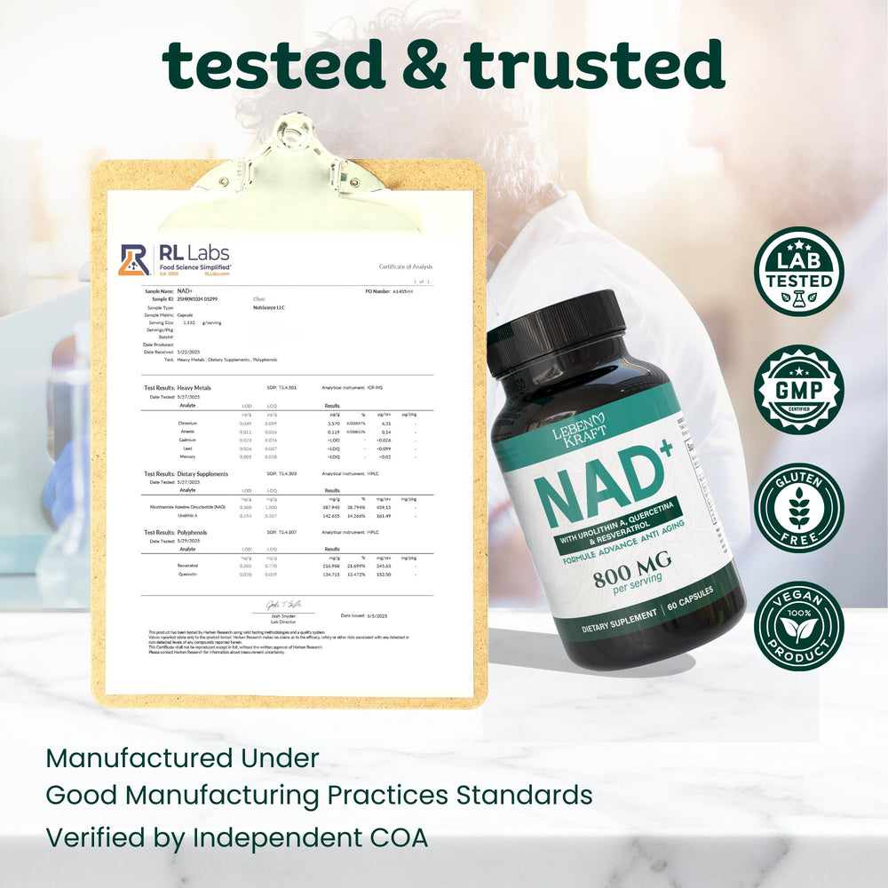 LebenKraft NAD Supplement antioxidant power with resveratrol and quercetin.