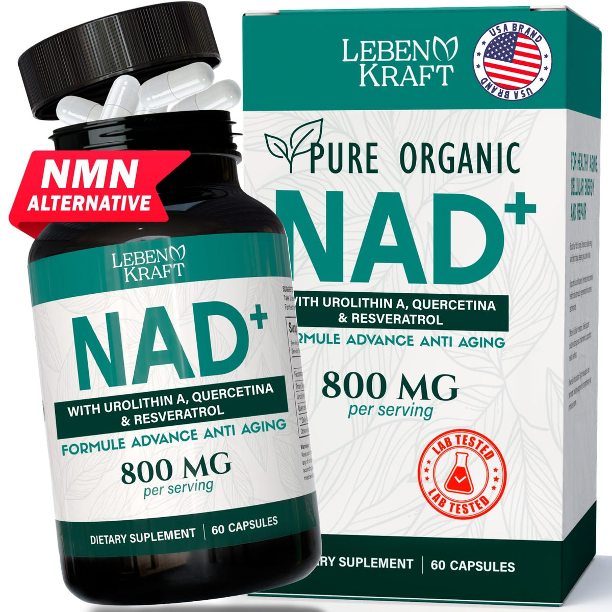 LebenKraft NAD Supplement Pure Organic bottle for steady daily energy support.