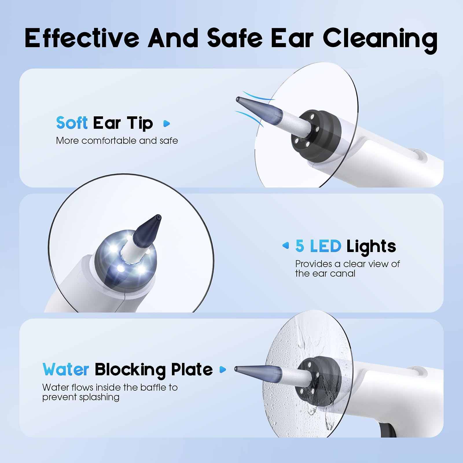 Lebbtl five-hole ear tips for gentle flush and thorough cleaning.