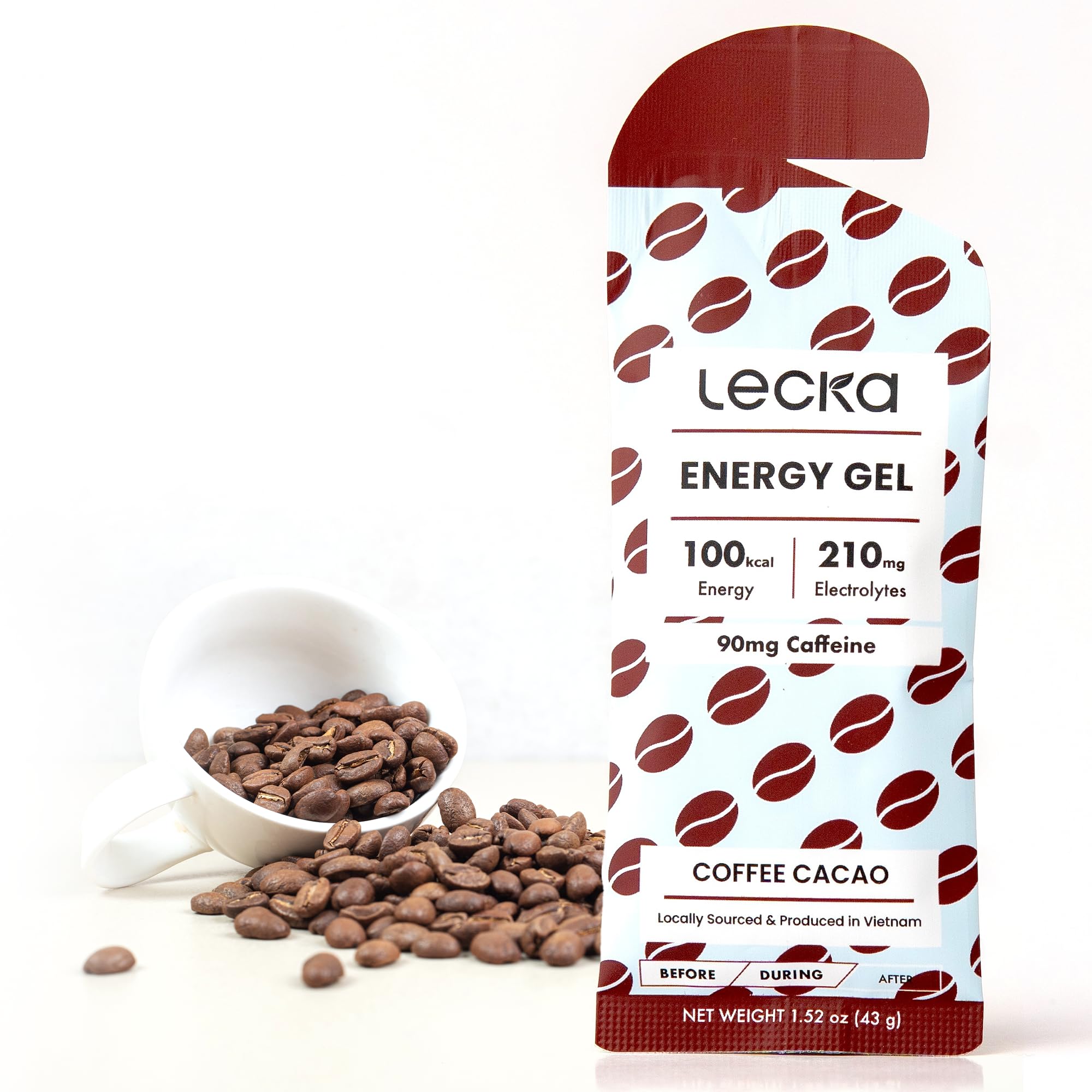 Lecka Coffee Cacao energy gel 12-pack ready for runners, signaling steady energy.