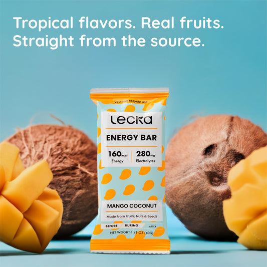 Lecka Energy Bar mango-banana close-up shows real fruit flavor for quick energy.