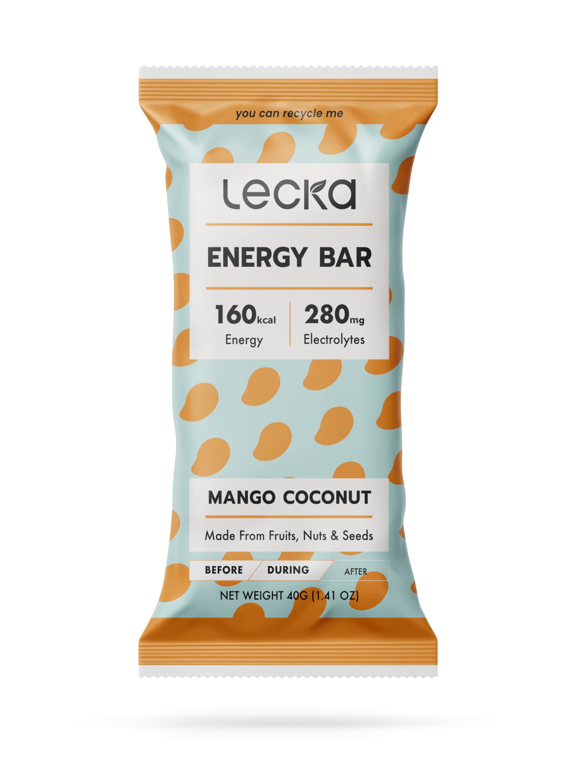 Lecka Energy Bar packaging with Mango Coconut flavor for on-the-go energy.
