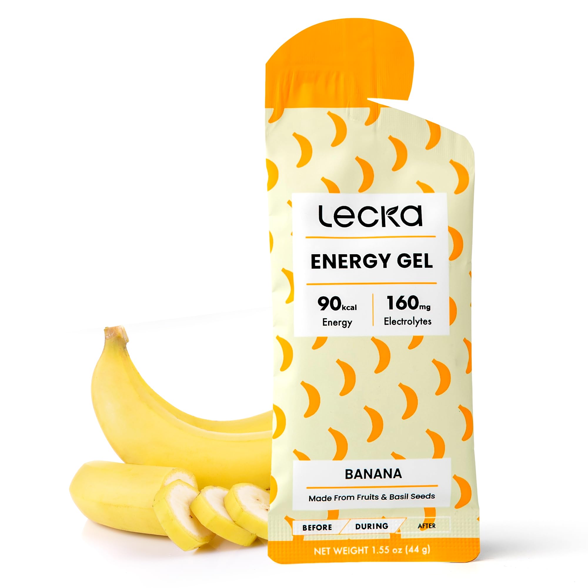 Lecka Energy Gel banana packaging highlights real fruit energy for workouts.
