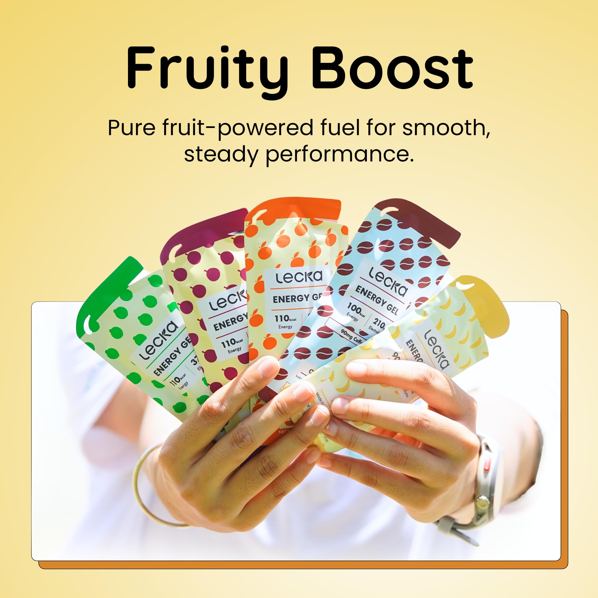 Lecka Energy Gel banana and passion fruit label emphasizes natural energy.