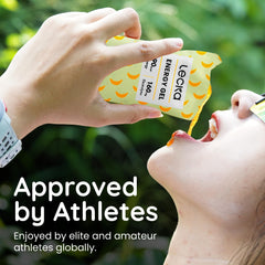 Athlete uses Lecka Energy Gel mid-race for sustained energy.