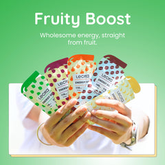 Lecka Energy Gels label shows 27g carbs from real fruit and brown rice syrup.
