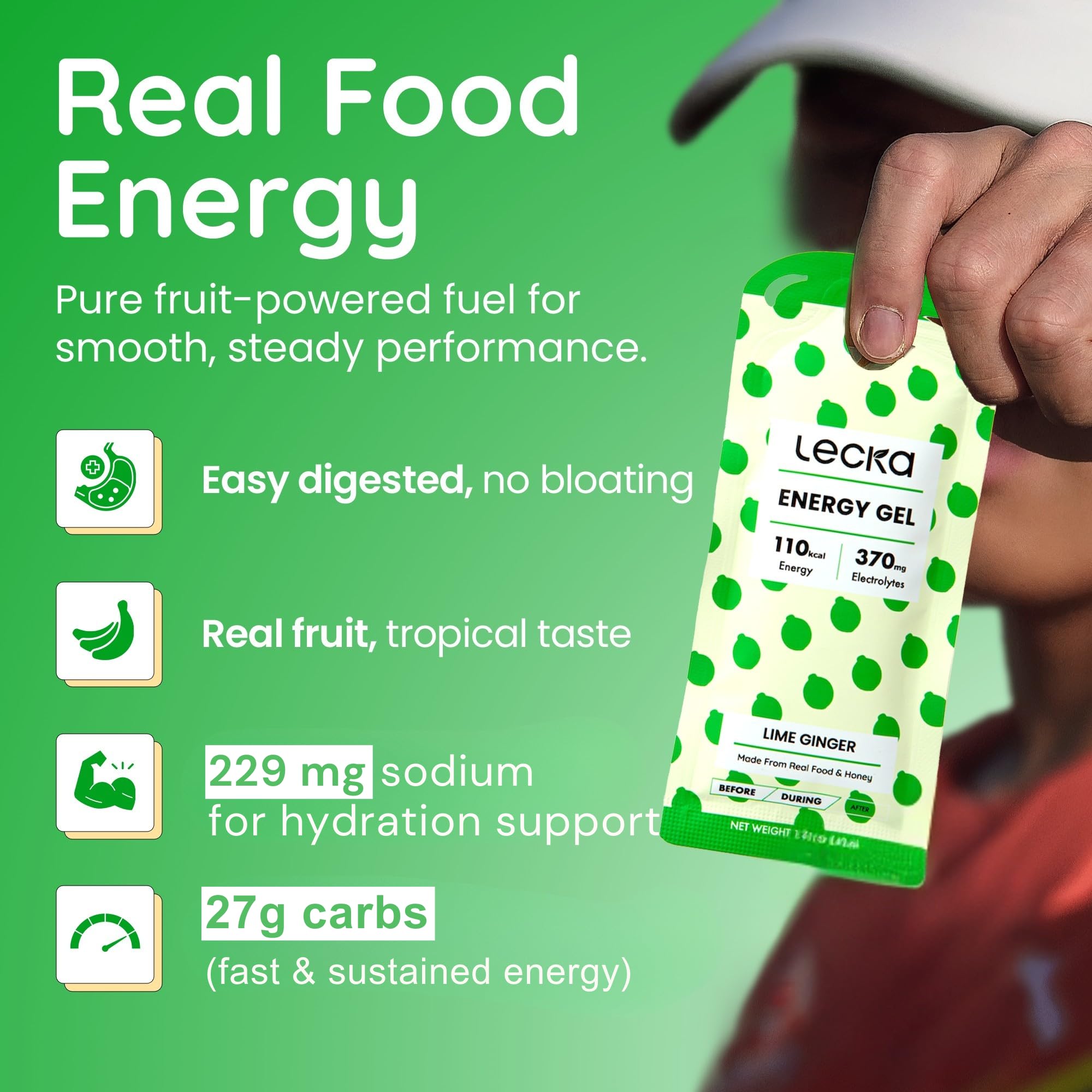 Lecka Lime Ginger Energy Gels sachets close-up highlighting maltodextrin-free formula.