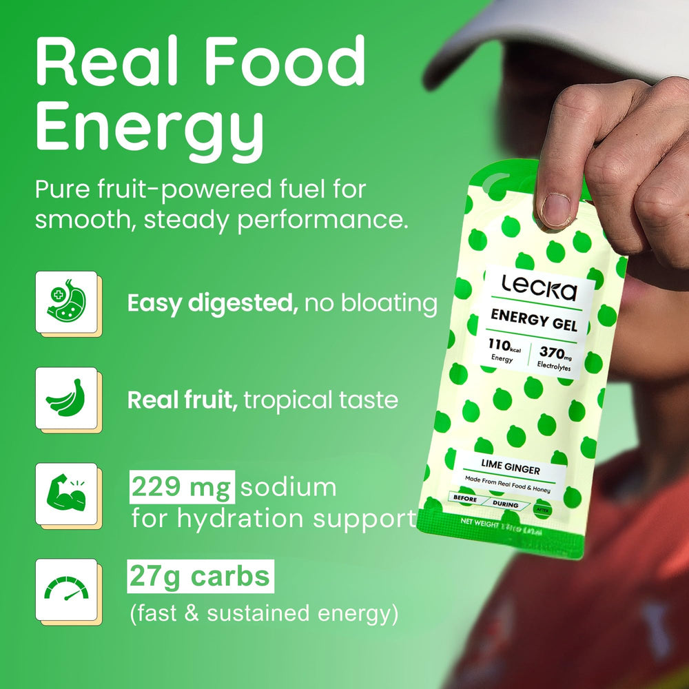 Lecka Lime Ginger Energy Gels sachets close-up highlighting maltodextrin-free formula.