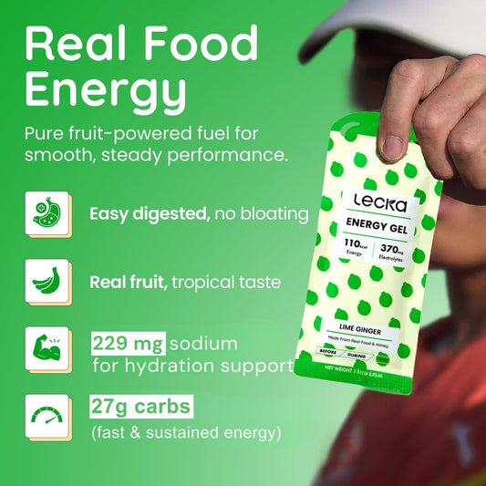 Lecka Lime Ginger Energy Gels sachets close-up highlighting maltodextrin-free formula.