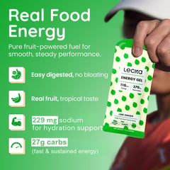 Lecka Lime Ginger Energy Gels sachets close-up highlighting maltodextrin-free formula.