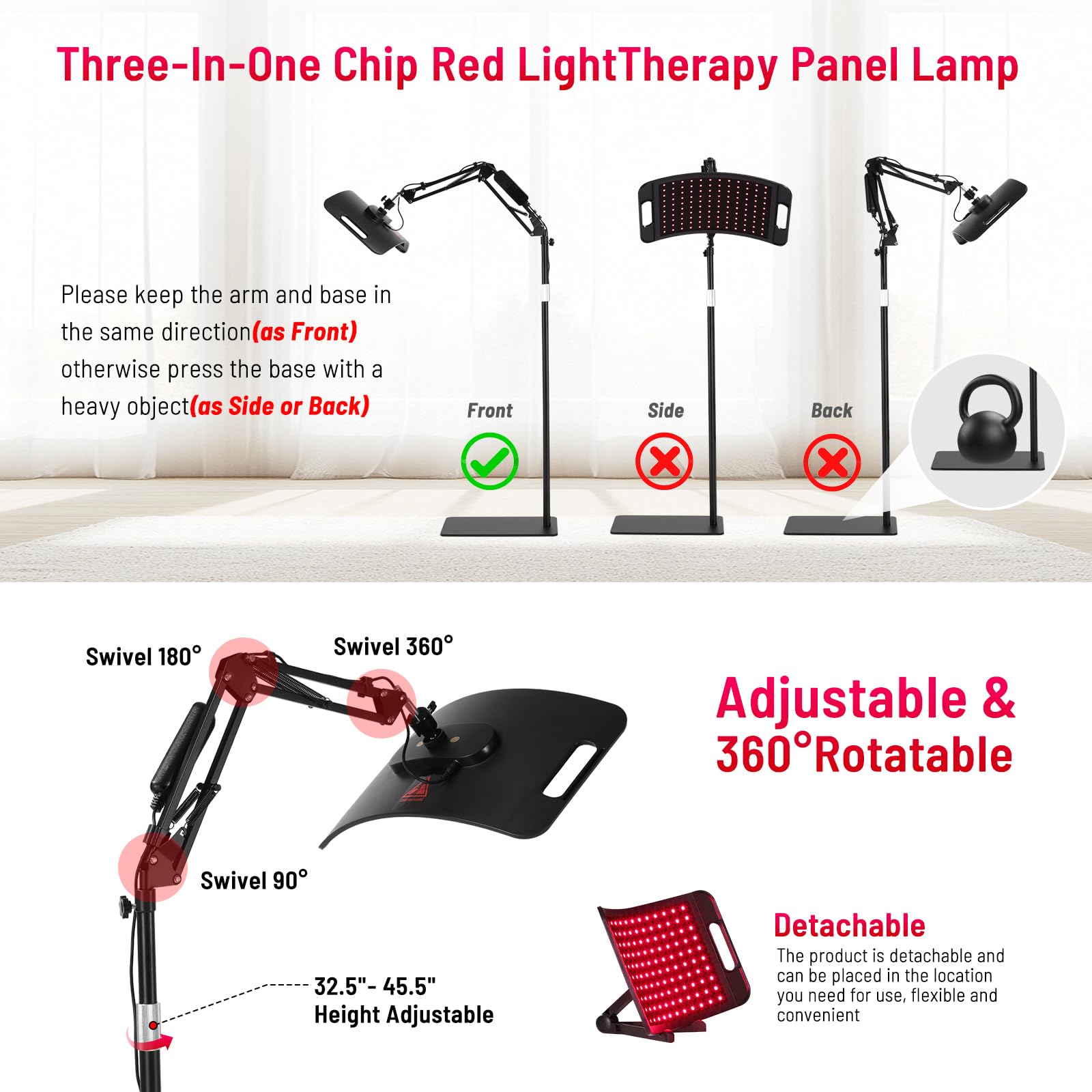 LEDINO adjustable stand supports 20 to 50 inches for versatile positioning.