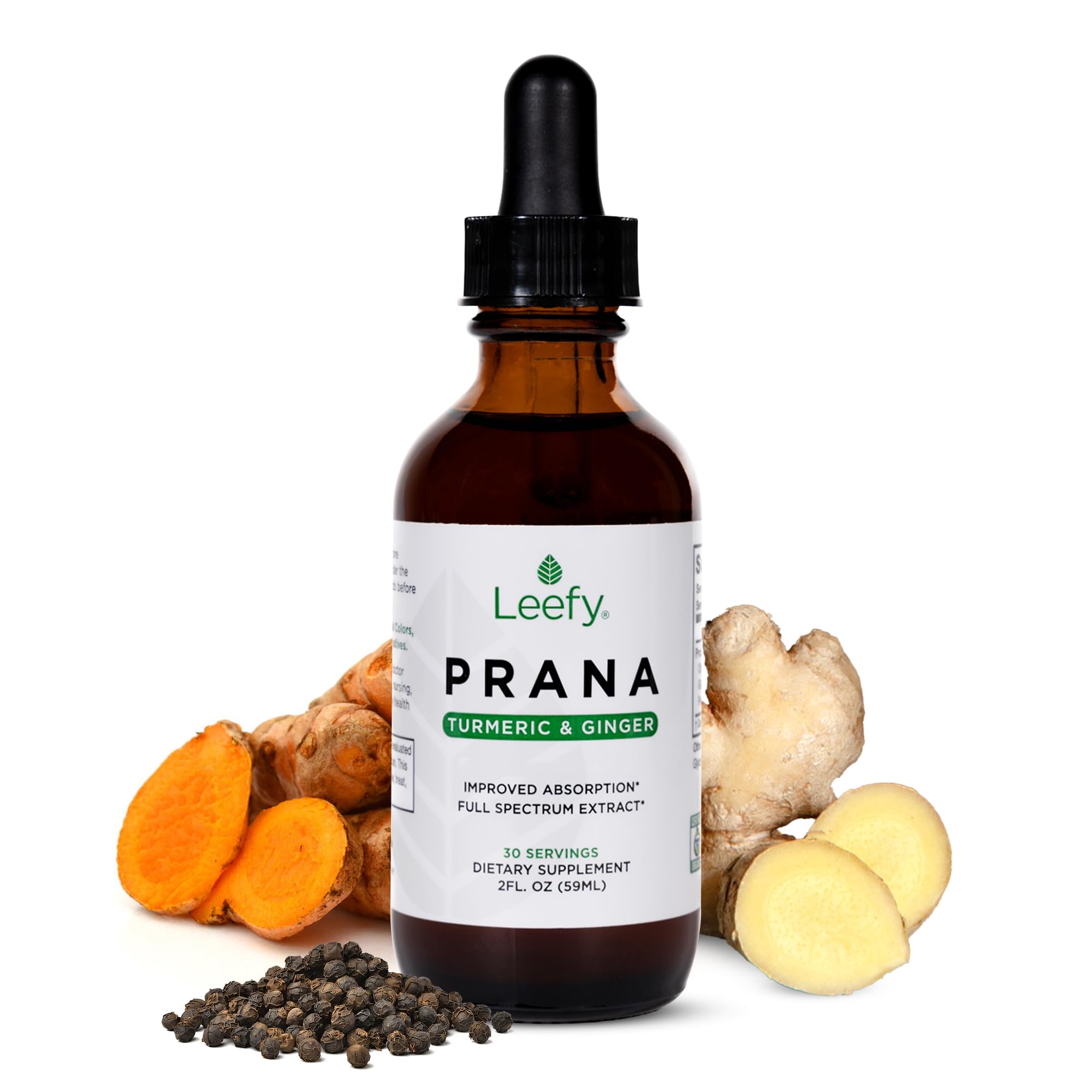 Leefy PRANA bottle label highlights organic turmeric with black pepper for enhanced absorption