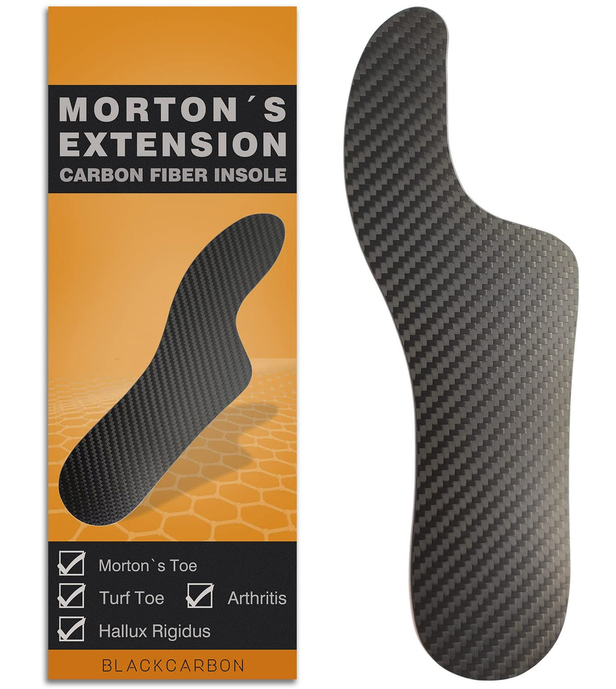 Leeuoe Morton's Extension Orthotic front view showing slim carbon fiber profile for toe support.