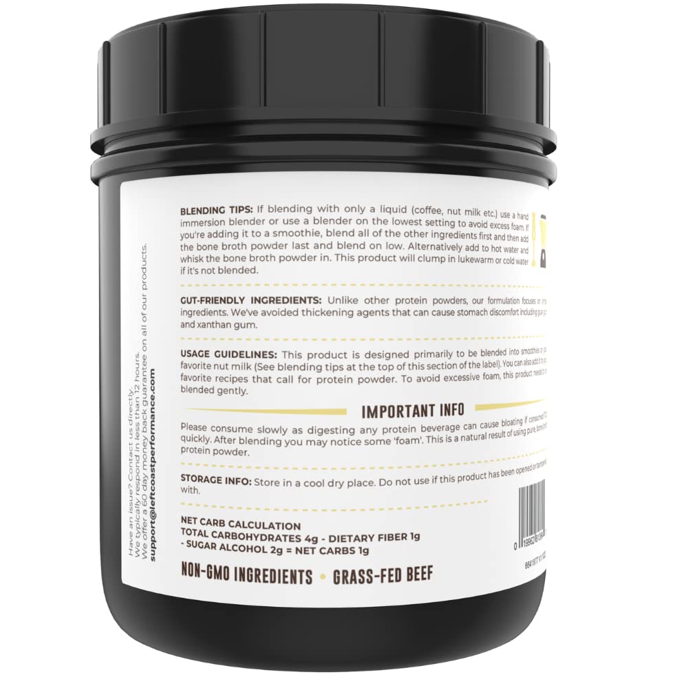 Left Coast Vanilla Bone Broth Protein Powder in blender scene for quick smoothies.
