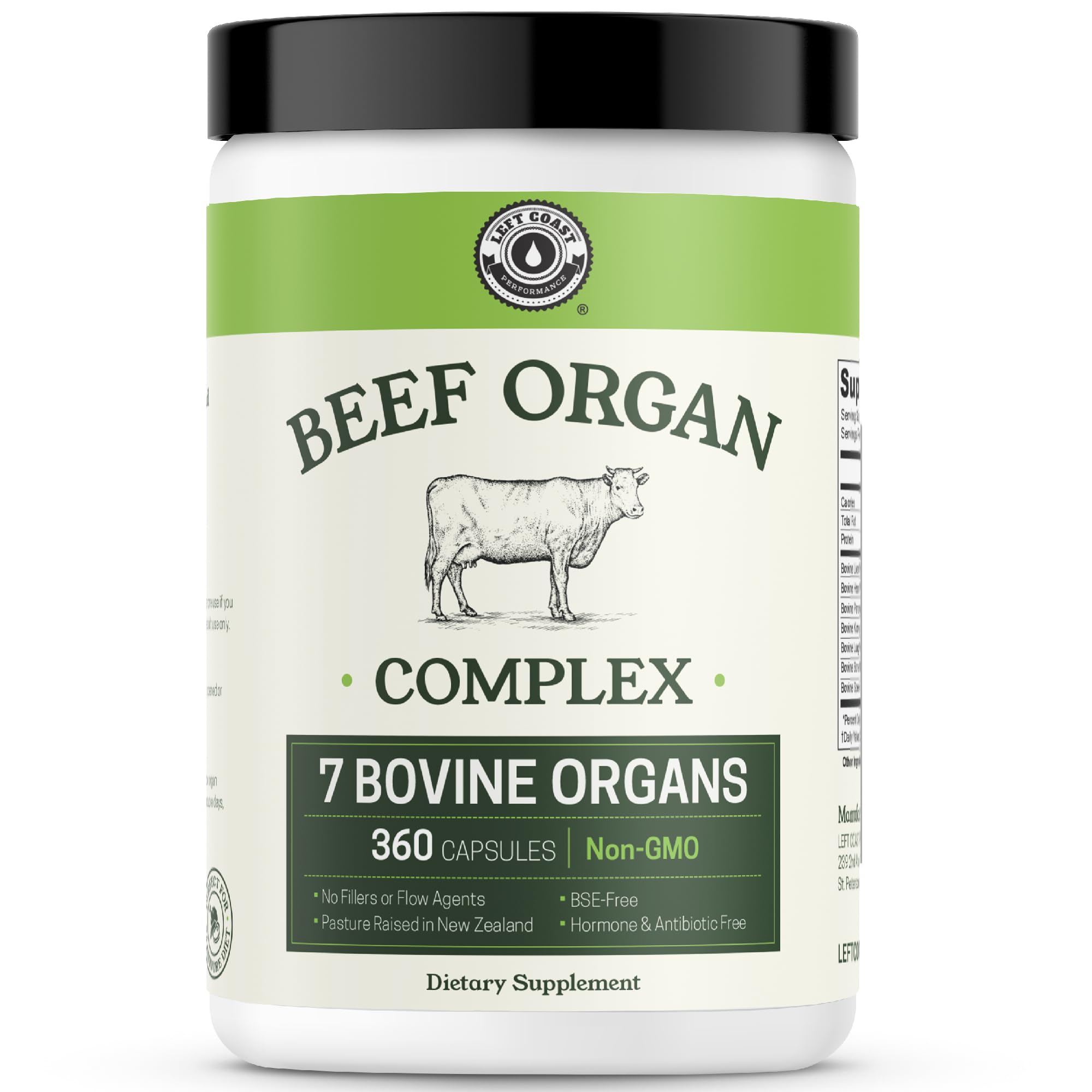 Left Coast Performance beef organ supplement bottle showing seven organ blend for daily carnivore support