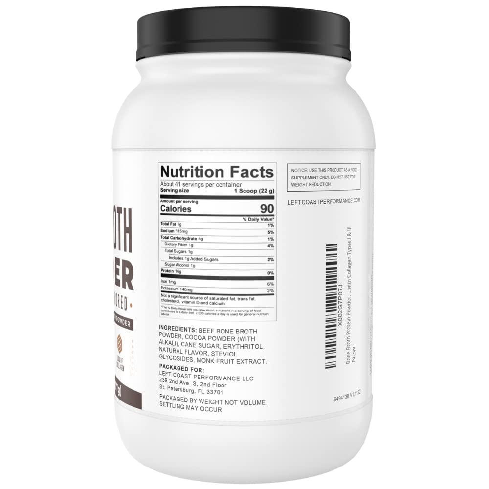 Left Coast Performance bone broth protein chocolate ingredients panel, gluten-free and low-carb profile.