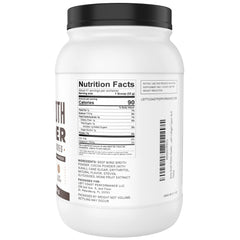 Left Coast Performance bone broth protein chocolate ingredients panel, gluten-free and low-carb profile.