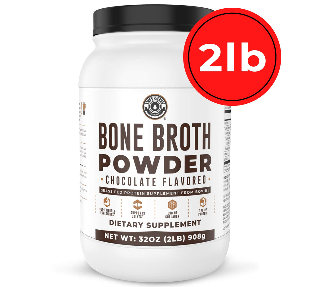 Left Coast Performance bone broth protein chocolate label closeup, showing 2 net carbs per serving.